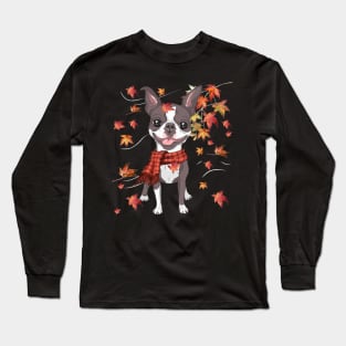 Maple Dog Leaf Fall Hello Autumn Funny Boston Terrier Lover Long Sleeve T-Shirt